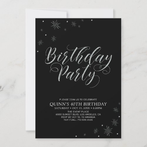 Silver  Black Modern Photo Adult Birthday Party Invitation