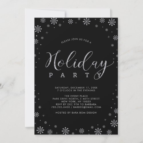Silver  Black  Modern Snowflakes Holiday Party Invitation