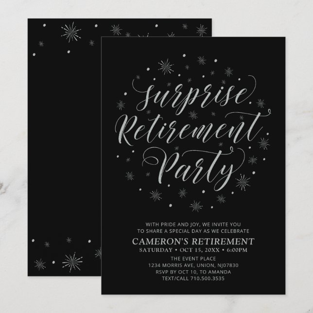 Silver & Black | Modern Surprise Retirement Party Invitation (Front/Back)