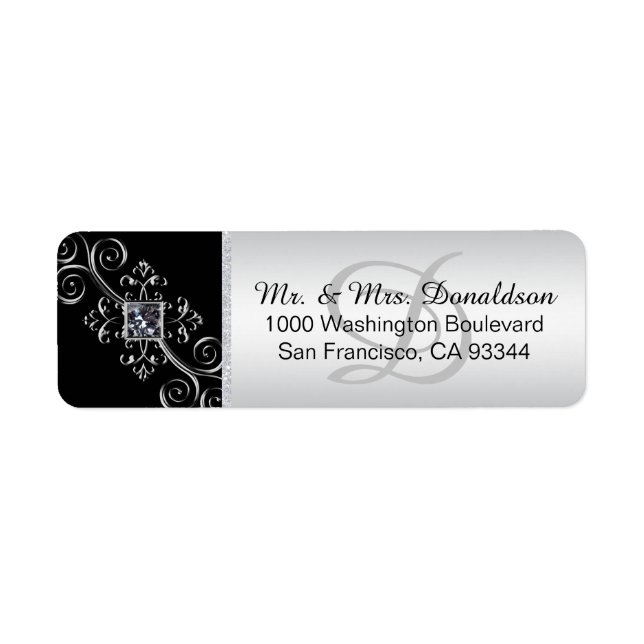 Silver Black Monogram Envelope Return Address Label (Front)