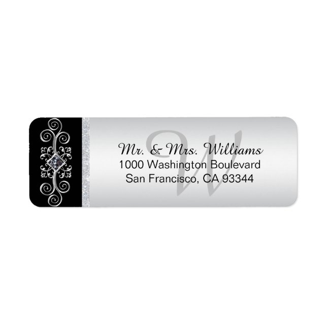Silver Black Monogram Envelope Return Address Label (Front)