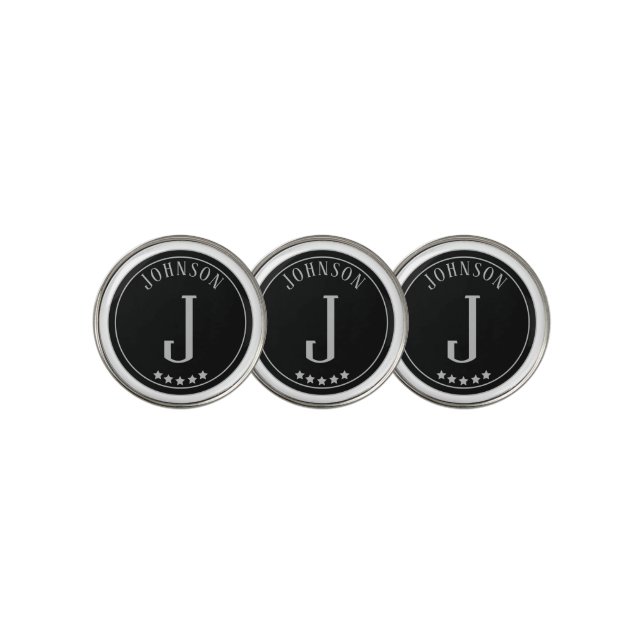 Silver Black Monogram Five star custom name    Golf Ball Marker (3 Up)