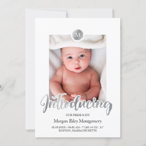 Silver  Black Monogram Introducing Baby Announcement