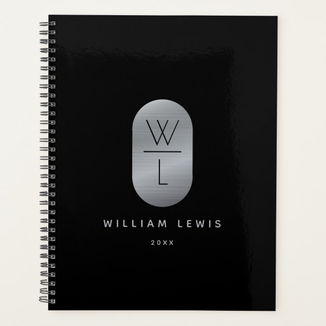 Silver & Black Monogram Modern Minimalist Planner (Front)