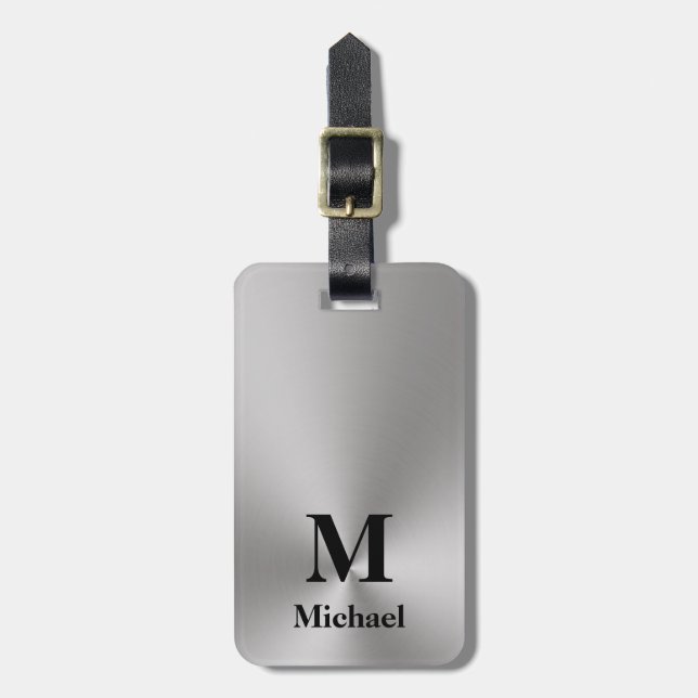 Silver Black Monogram Name Phone Number Luggage Tag (Front Vertical)