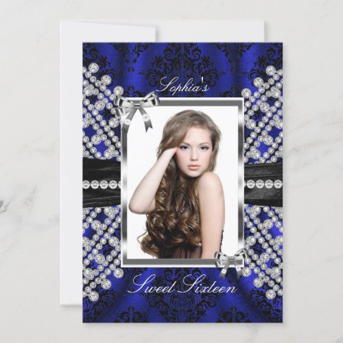 Silver Black Navy Jewel  Damask Photo Sweet 16 Invitation