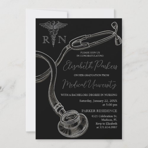 Silver Black Nursing School Graduation Party Invitation