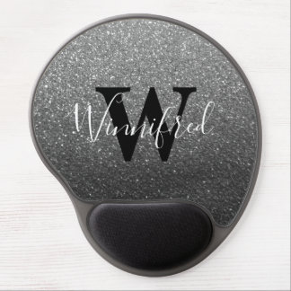 Silver Black Ombre Glitter Elegant Monogram Name Gel Mouse Pad