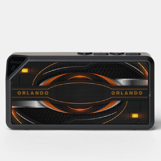 Silver, black, orange geometric gaming monogram bluetooth speaker (Front)