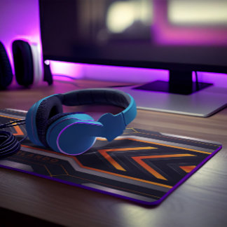 Silver, black, orange geometric gaming monogram desk mat