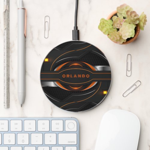 Silver black orange geometric gaming monogram wireless charger 