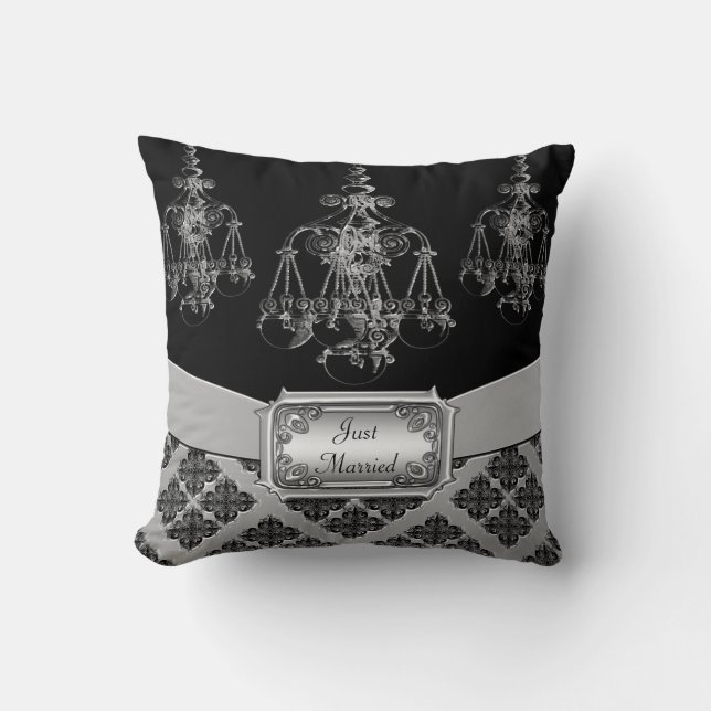Silver & Black Ornate Chandelier Wedding Throw Pillow (Front)