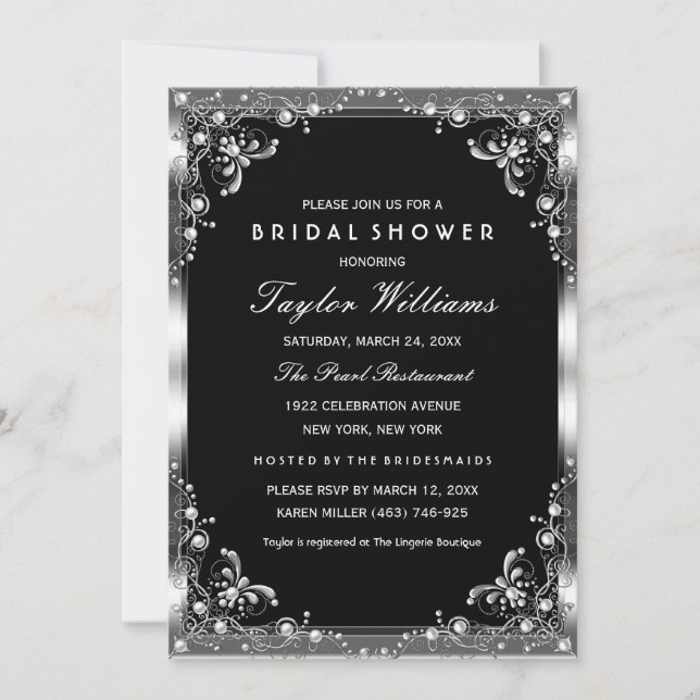 Silver & Black Pearl Vintage Glamour Bridal Shower Invitation (Front)