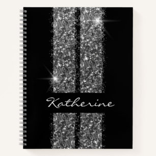 Silver Black Personalized Glitter Race Stripe Notebook