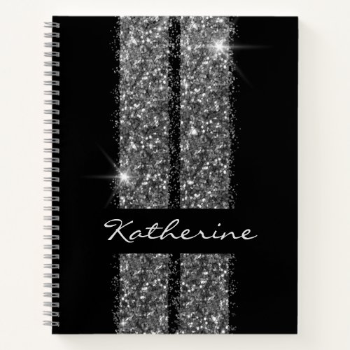 Silver Black Personalized Glitter Race Stripe Notebook