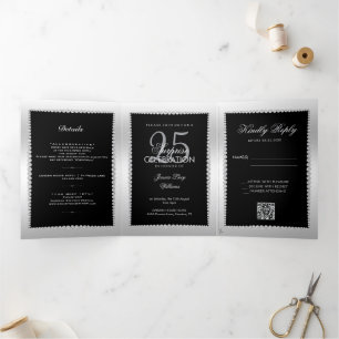 Silver Black Photo, QR Code 25th Surprise Birthday Tri-Fold Invitation