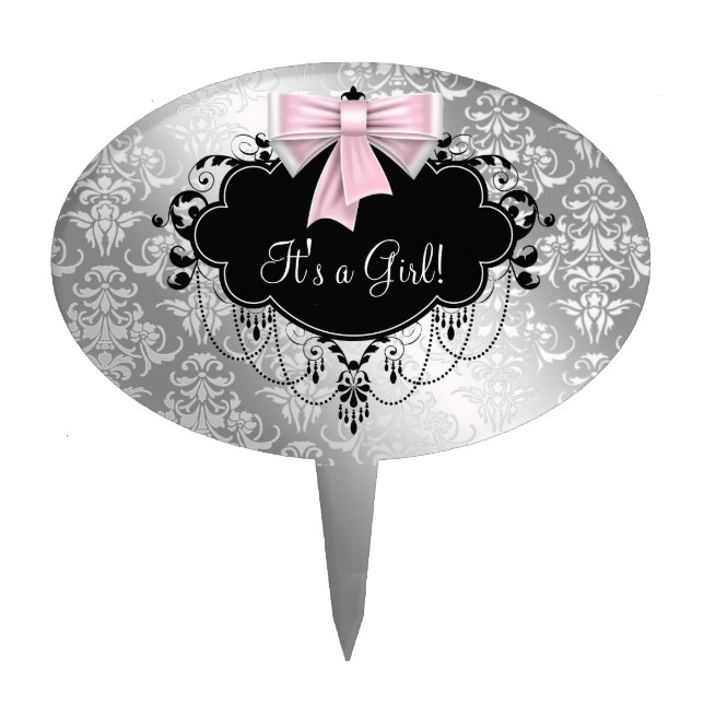 Silver Black Pink Baby Shower Cake Topper (Front)