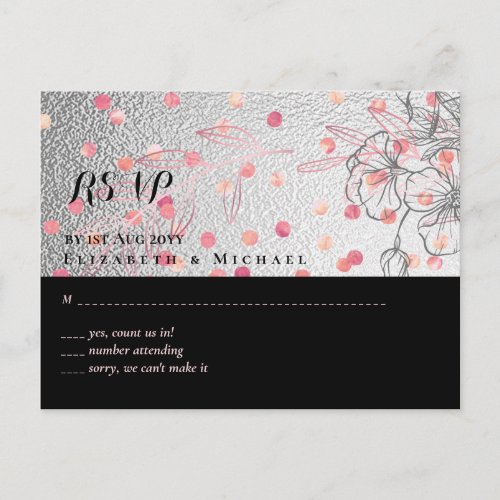 Silver Black Pink Rosegold Confetti Wedding Postcard
