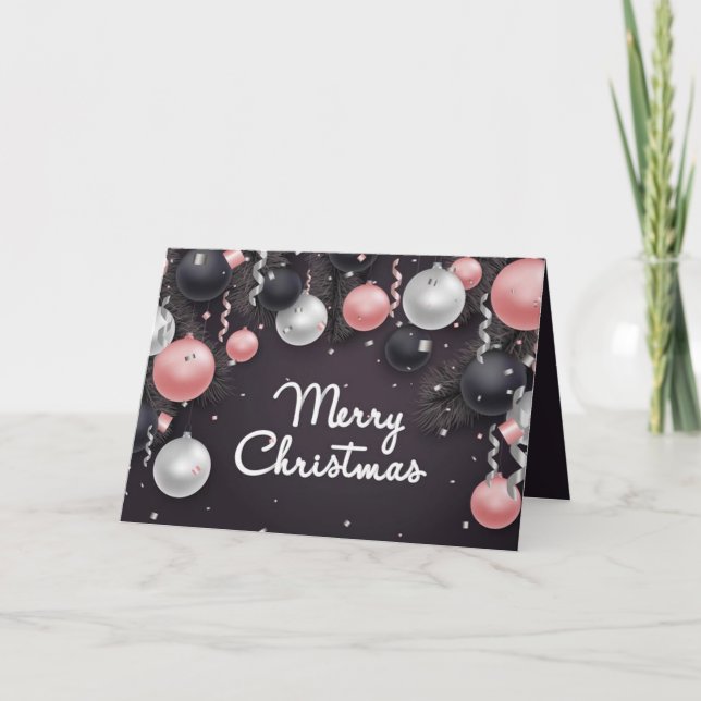 Silver Black Pink White Christmas Balls, Confetti Holiday Card (Front)