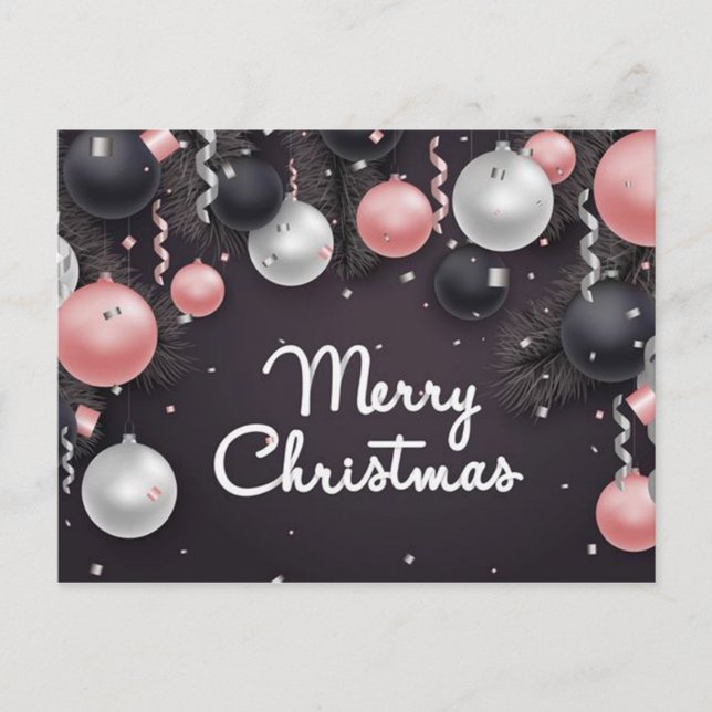 Silver Black Pink White Christmas Balls, Confetti Holiday Postcard (Front)