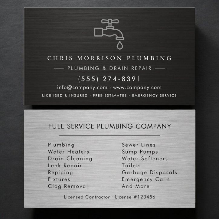 Silver Black Plumber Plumbing Company Metallic Business Card
