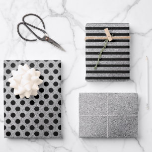 Silver Black Polka Dots Stripes Christmas Holiday Wrapping Paper Sheets