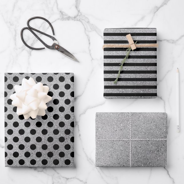 Silver Black Polka Dots Stripes Christmas Holiday Wrapping Paper Sheets (Front)