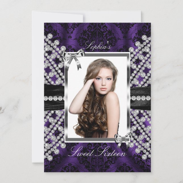Silver Black Purple Jewel & Damask Photo Sweet 16 Invitation (Front)
