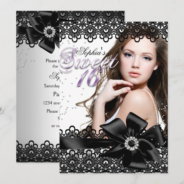 Silver Black Purple Lace Photo Sweet 16 Invite (Front/Back)