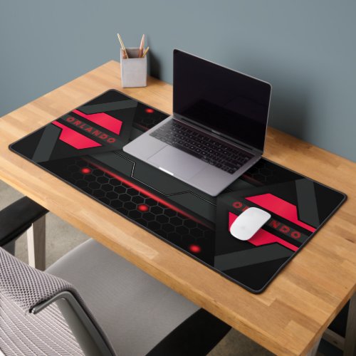 Silver black red geometric gaming monogram desk mat