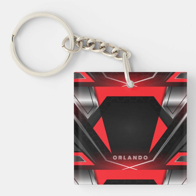 Silver, black, red geometric gaming  monogram keychain (Front)