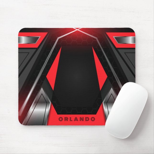 Silver, black, red geometric gaming  monogram mouse pad (With Mouse)