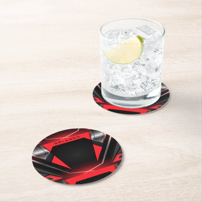 Silver, black, red geometric gaming  monogram round paper coaster (Insitu)