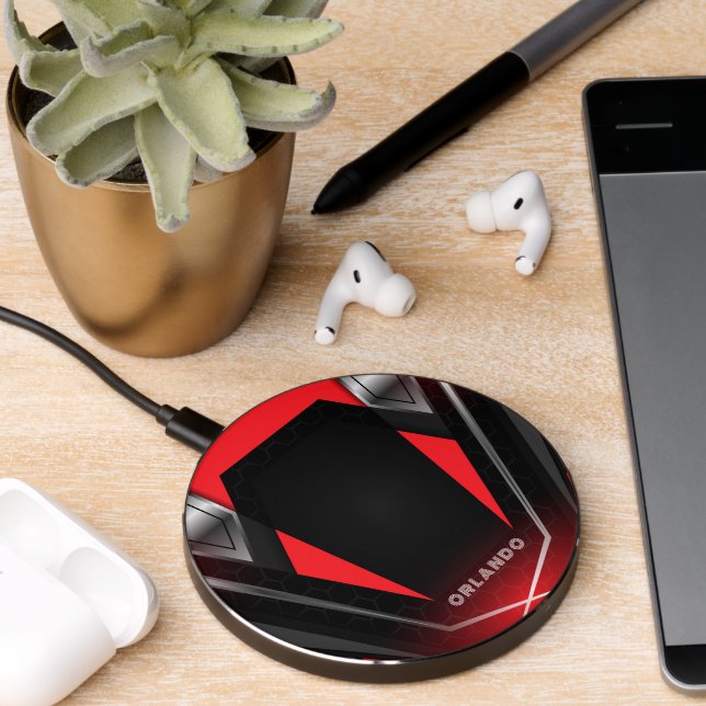 Silver, black, red geometric gaming  monogram wireless charger  (Desk 2)