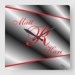 Silver,Black & Red Monogrammed clock-customize Square Wall Clock