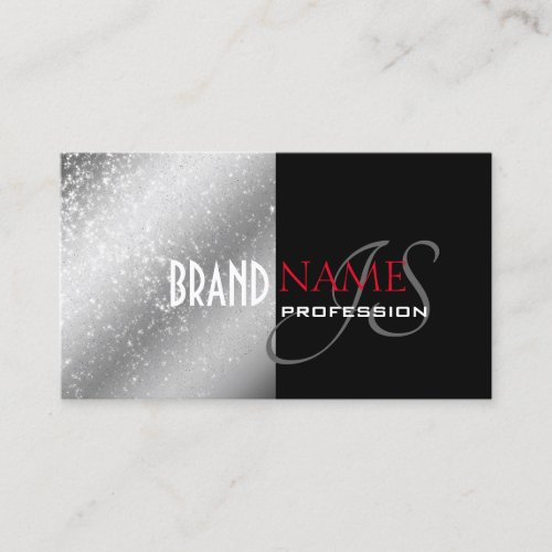 Silver Black Red with Glittery Stars and Initials Business Card