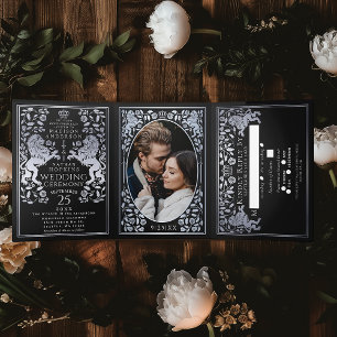 Silver Black Royal Medieval Lion Wedding Tri-Fold Invitation