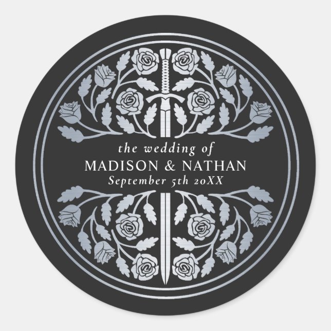 Silver Black Royal Medieval Sword Wedding  Classic Round Sticker (Front)