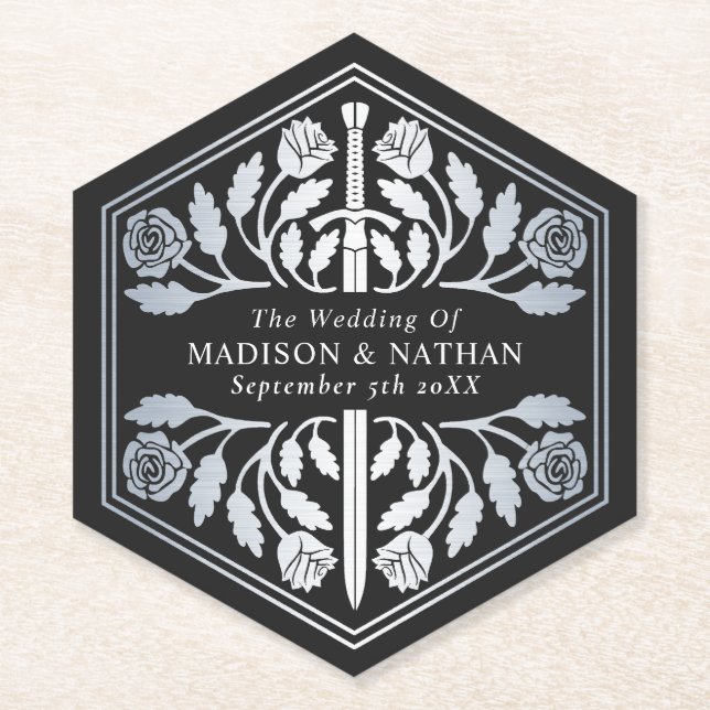 Silver Black Royal Medieval Sword Wedding Paper Coaster (Front)