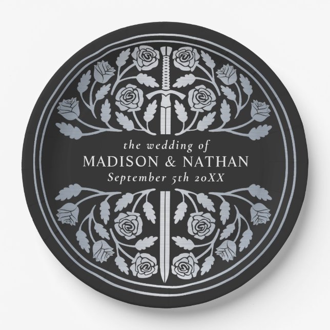 Silver Black Royal Medieval Sword Wedding  Paper Plates (Front)