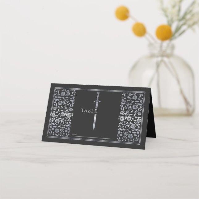 Silver Black Royal Medieval Sword Wedding  Place Card (Front)