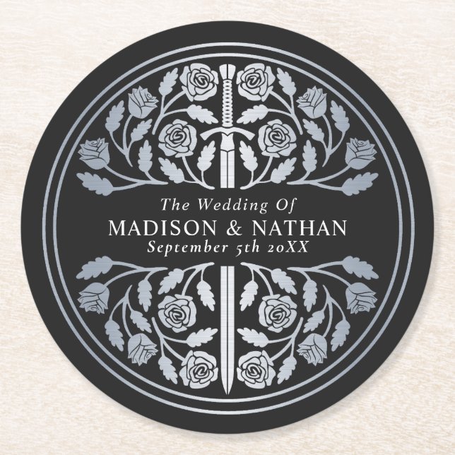Silver Black Royal Medieval Sword Wedding Round Paper Coaster (Front)