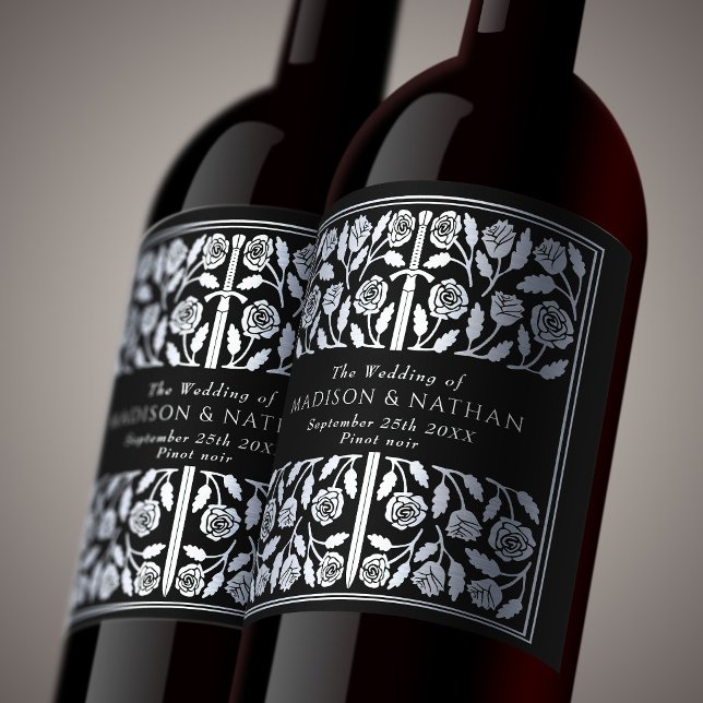 Silver Black Royal Medieval Sword Wedding Wine Label (Creator Uploaded)
