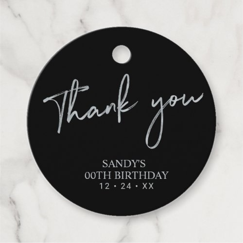Silver  Black Script Birthday Party Thank you Favor Tags