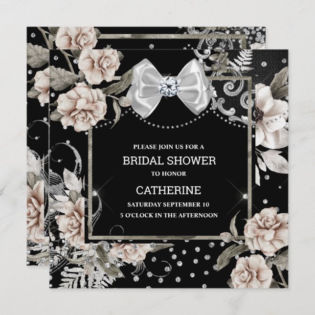 Silver black shabby chic rose paris chic bow invitation (Front/Back)