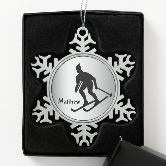 Silver Black Skiing Pewter Snowflake Ornament