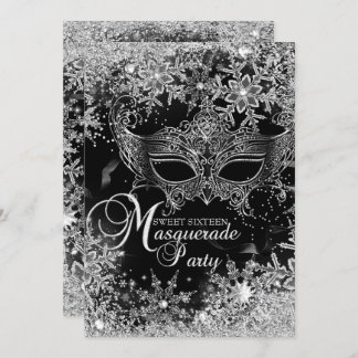 Silver Black Snowflake Mask Masquerade Sweet 16 Invitation
