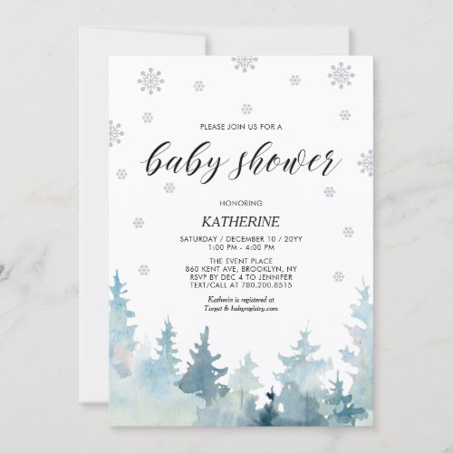 Silver  Black Snowflake Winter Forest Baby Shower Invitation