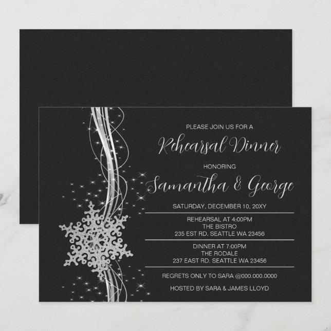 Silver Black Snowflakes Winter Rehearsal Dinner  Invitation (Front/Back)