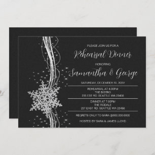 Silver Black Snowflakes Winter Rehearsal Dinner Invitation